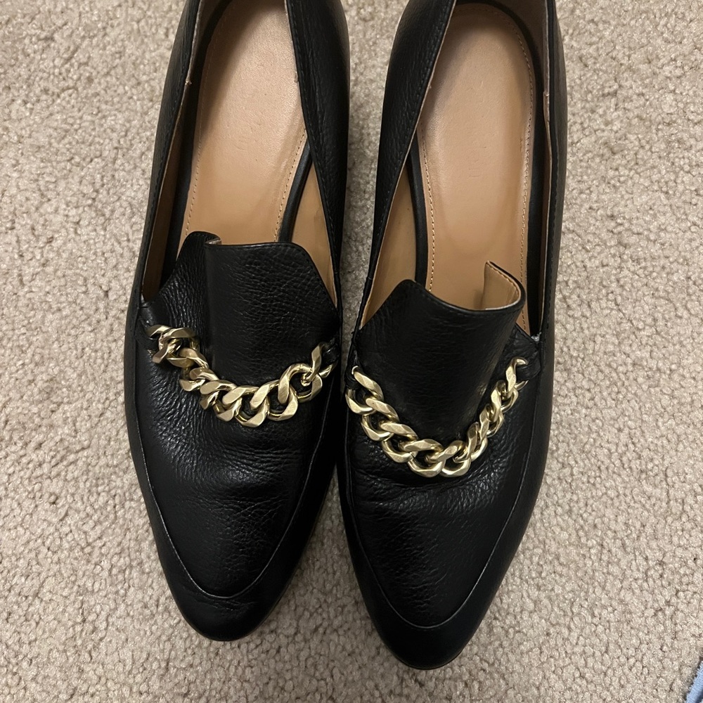 Calvin Klein Black Faux Fur Heeled Loafers w Gold Chain Signature Heel